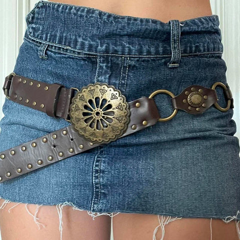 Voguable Vintage PU Leather Hollow Out Ring Wide Belt y2k Streetwear Punk Rivets Belts for Accessories Waistband