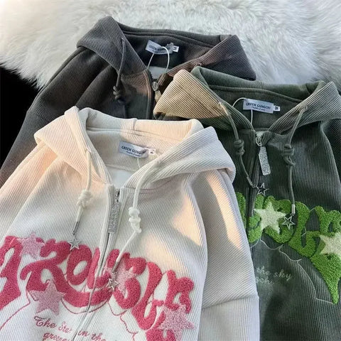Y2K Letter Embroidered Hoodie Winter Vintage Zip Up Oversized Sweatshirt Harajuku Long Sleeve Hooded Jacket Clothes