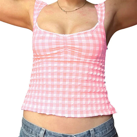 y2k Tops for Fairycore Clothing Plaid Print Lace Trim Sleeveless Tanks T Shirts 2000s Clothing Streetwear