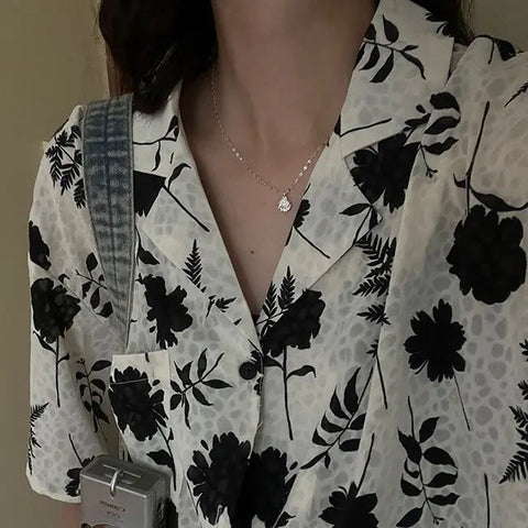 Retro loose casual temperament printed short-sleeved shirt for in lazy slim versatile floral shirt casual y2k tops