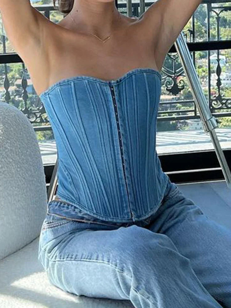 Voguable  Strapless Denim Corset Backless Lace-up Bustier Night Clubwear Elegant Basic Tube Top Y2K Jean Cami Ladies
