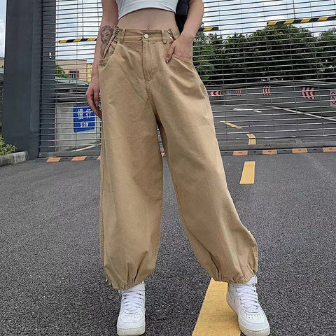 Voguable  Khaki Oversized Cargo Baggy Pants Y2K Hip Hop Style Loosed  Adjustable Waist Drawstring Long Pant Streetwear 90s Style Clothes