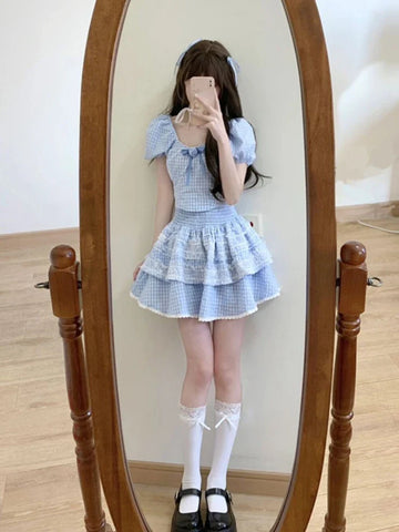 Voguable Lolita Kawaii Suit Woman Lace Sweet Plaid Set Casual Short Tops Princess Party Y2k Mini Skirt Clothing Chic