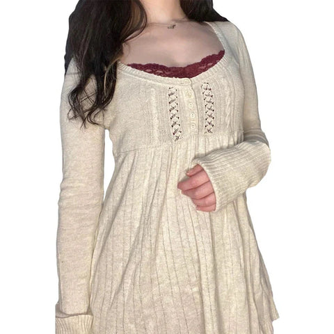 Vintage Babydoll Tops Pullovers Lady Aesthetic Coquette Knit Sweaters Outfit Square Neck Long Sleeve Knitwear Jumpers Y2k