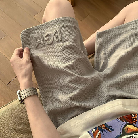 Korean Y2k Shorts Baggy Straight Tube Embossed Seal Casual Short Pants Breeches Harajuku Elastic Waist