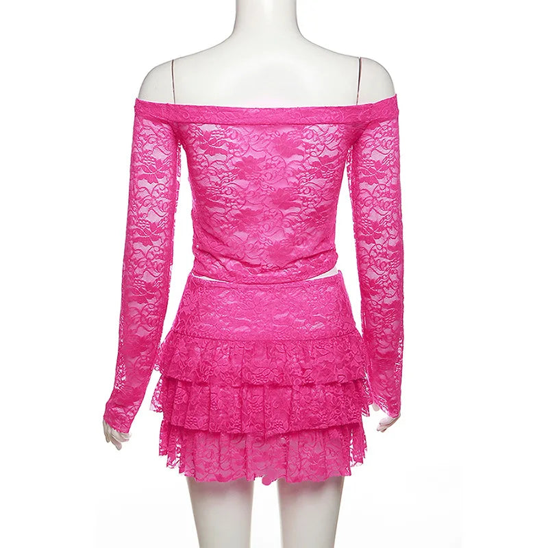 Sheer Lace Pink Two Piece Set Tiered Mini Skirt And Top Y2k Chic Outfits for Long Sleeve Dresses