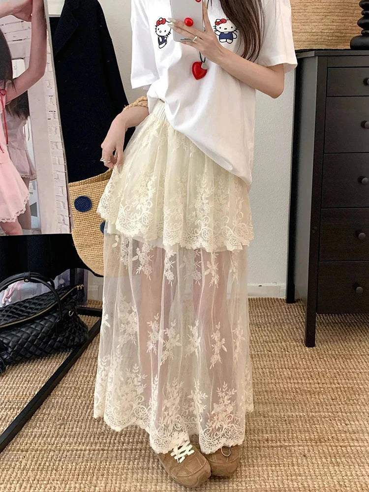 French Elegant Lace Midi Skirts Chic Patchwork Mesh Y2K FeHigh Waist Jacquard All Match A Line Skirts