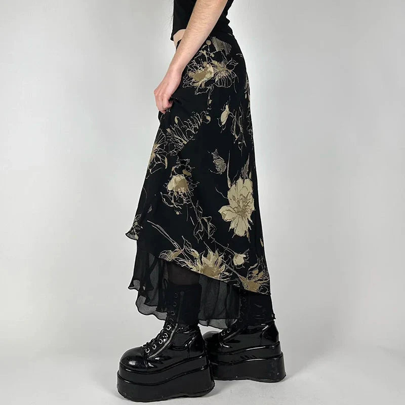 Vintage Floral Print Low Rise Long Skirt Streetwear 90s Slim-fitting Skirts Harajuku y2k Aesthetic Ladies Bottoms
