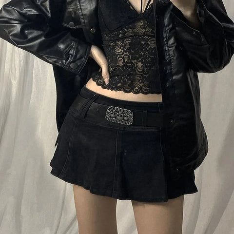 Harajuku Y2k Denim Skirt Dark Gothic Streetwear Mini Skirt with Skull Belt Mall Goth Punk Grunge Emo Clubwear