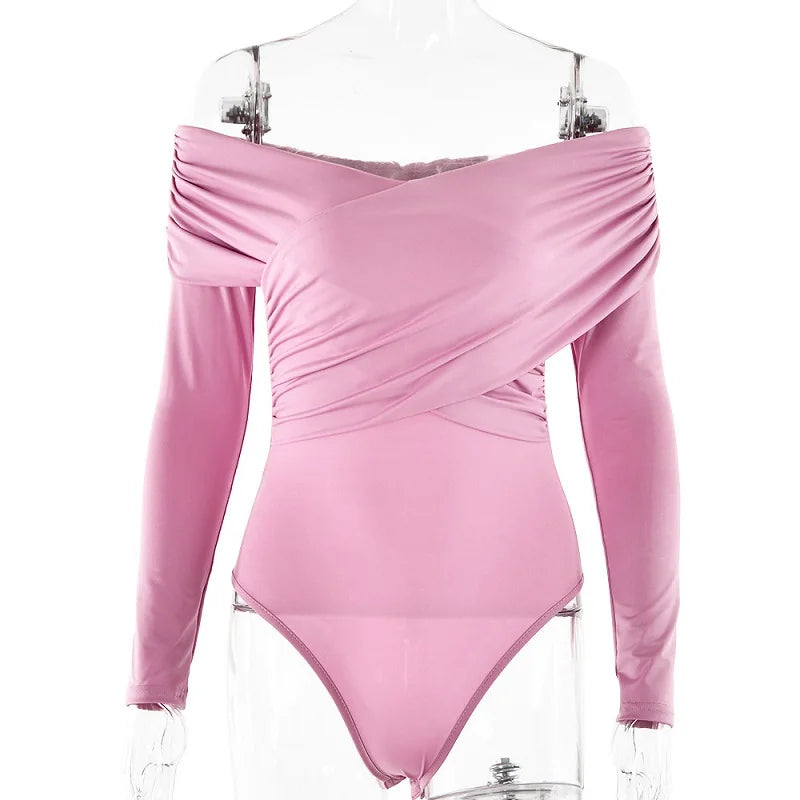 Y2k European American Cross Long Sleeve Vneck Line Shoulder Temperament Spice Street Style Pleated Solid Color Onesie