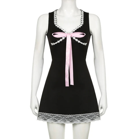 Voguable  Coquette Floral Lace Patchwork A-line Mini Dress Princess Square Collar Bow Decorate Sundress for Holiday Party Y2K