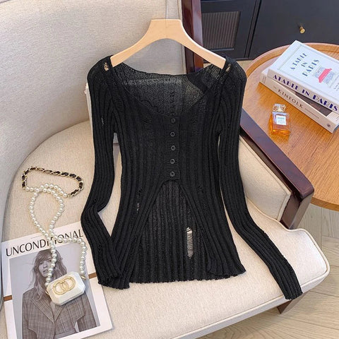 Hollow Out Knitted Cardigan Y2K Korean Streetwear Hole Long Sleeve Sweaters Thin Irregular FeTops