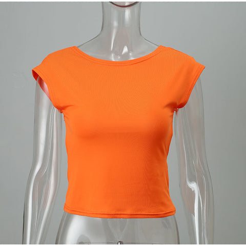 Voguable Cut Out Backless Cropped Top Woman Solid Short Sleeve Skinny Y2K Tops Multi Ways Wear Basic T-shirt