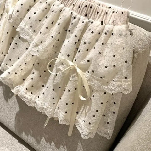 Korean Sweet Dot Lace Bow Mini Skirt Y2k Harajuku A-line Skirt Girl Elastic High Waist Cake Skirts
