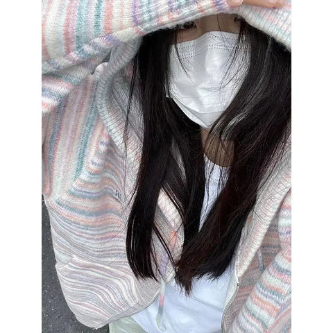 Japanese Y2k Rainbow Striped Kawaii Cardigans All Match Hooded Sweaters Loose Zipper Grunge Knitted Coat Pull Femme