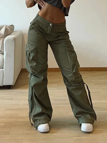 Voguable  Cargos Style Parachute Pants Low Waist Joggers Harajuku Pockets Baggy Wide Leg Trousers y2k Streetwear Casual