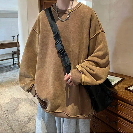 American Washed Old Pullovers Sweatshirts Loose Solid Color Large Size Warm O Neck Tops Hip Hop Y2k Sweatshirt