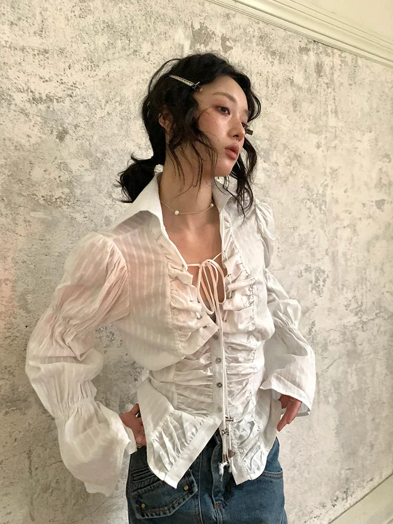 Fairycore Style Blouse Flare Sleeve Lace Up Single Breasted Bowknot Shirt Tops  Chic Y2k