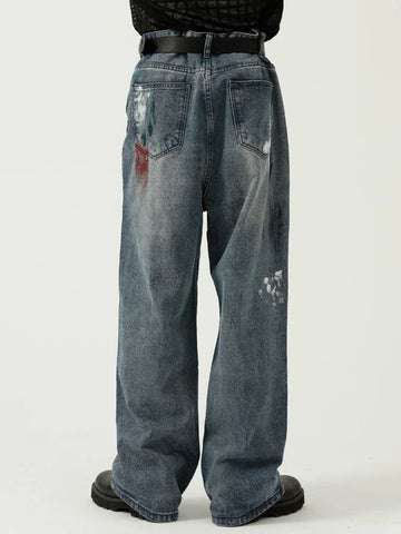 Voguable Oversize Graphic Jeans Y2k Ripped Jeans Pants With Print Blue Denim Trousers Punk Japanese Streetwear Hip Hop