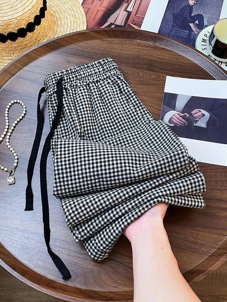 Korean Chic Plaid Casual Pants High Waist Retro All Match Wide Leg Pants Y2K Loose Drawstring Straight Trousers