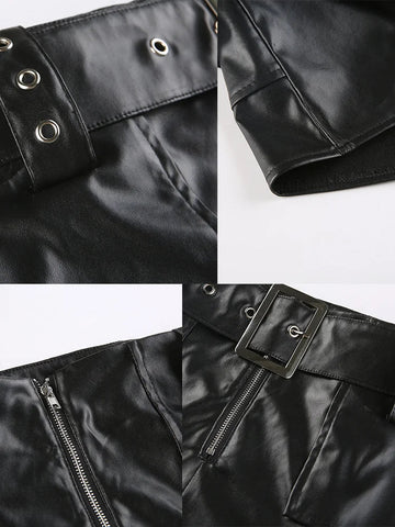 Voguable Vintage Leather Skirts Belt Y2K Low Waist Mini Skirt Streetwear PU Straight Skirt 90s Punk Summer