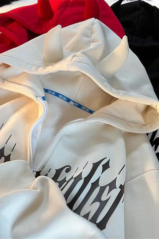 Voguable Dark Designer Devil Horn Tail Zip Up Hoodies Jackets Teenage Y2K Top Goth Print Oversized Sweatshirt Loose Casual Winter Clothes
