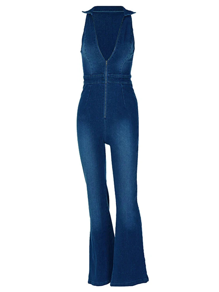 Y2k Denim Jumpsuit V-Neck Sleeveless Slim Bodycon Jumpsuits Overalls Streetwear One Piece Outfits Jeans