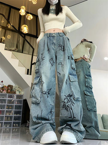 Graffiti Print Pattern Design Unisex Jeans Vintage Street Y2k Casual Denim Trousers FeHigh Waist Straight Pants