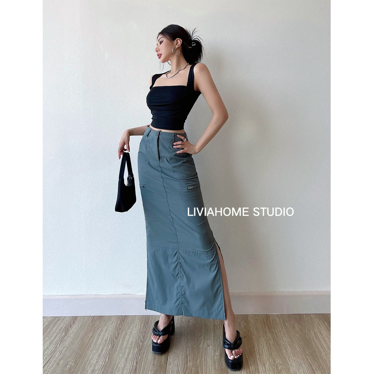 Casual Pocket Cargo Pencil Skirt Vintage Y2K All-match Solid Chic Side Slit Wrap Hip Long Skirt Streetwear