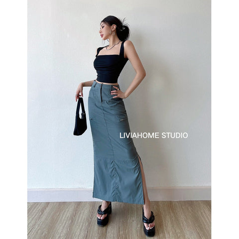 Casual Pocket Cargo Pencil Skirt Vintage Y2K All-match Solid Chic Side Slit Wrap Hip Long Skirt Streetwear