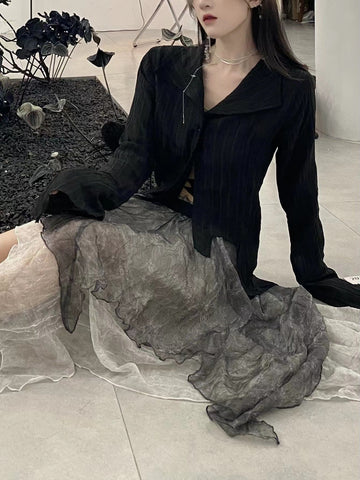 Voguable Gothic Black Shirt Yamamoto Style Dark Aesthetic Blouse Irregular Designer Clothes Emo Alt Clothes Grunge Tops Y2k