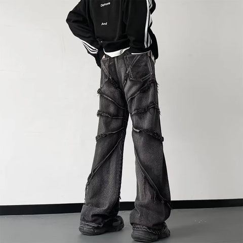 Voguable Y2K Punk Black American Street Rock Retro High Waist Oversized Jeans Raw Edge Washed Darkwear Wide Leg Trousers Men