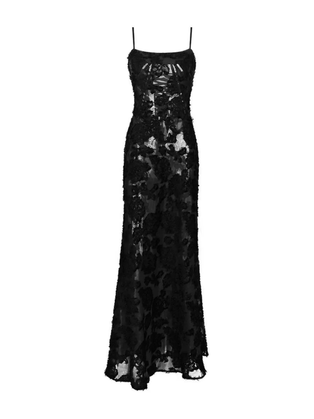 Voguable Black Party Midi Dress See-through Strap Y2k Dress FeLace Chic Korean Slim Vintage Dress New