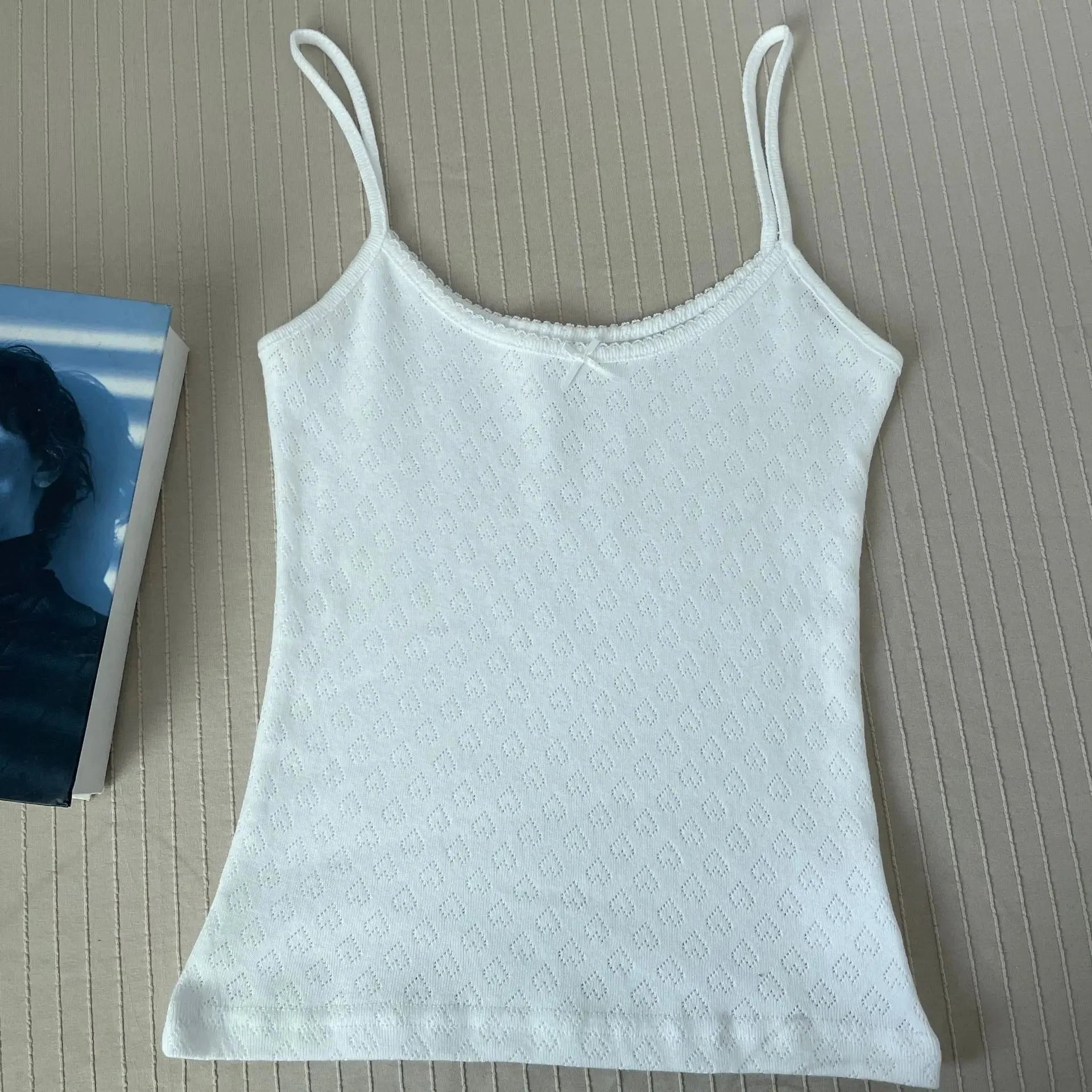 Floral Eyelet Bow Cotton Crop Tops Lace Trim Sleeveless Slim Tank Top Preppy Style Sweet Camisole Y2k Clothes
