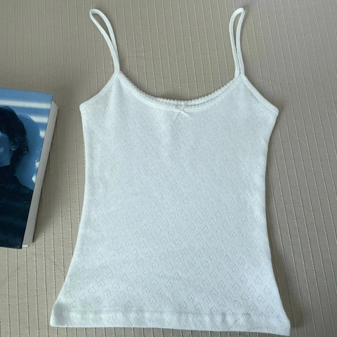 Floral Eyelet Bow Cotton Crop Tops Lace Trim Sleeveless Slim Tank Top Preppy Style Sweet Camisole Y2k Clothes