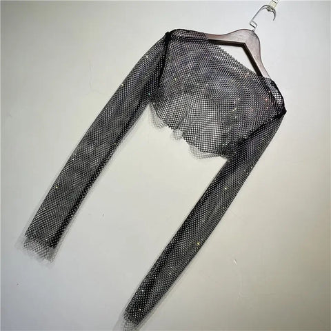 Sparkly Crystal T-shirts O-Neck Hollow Out See Through Tank Tops Night Partywear Crop Shirts Tee Y2K Tops