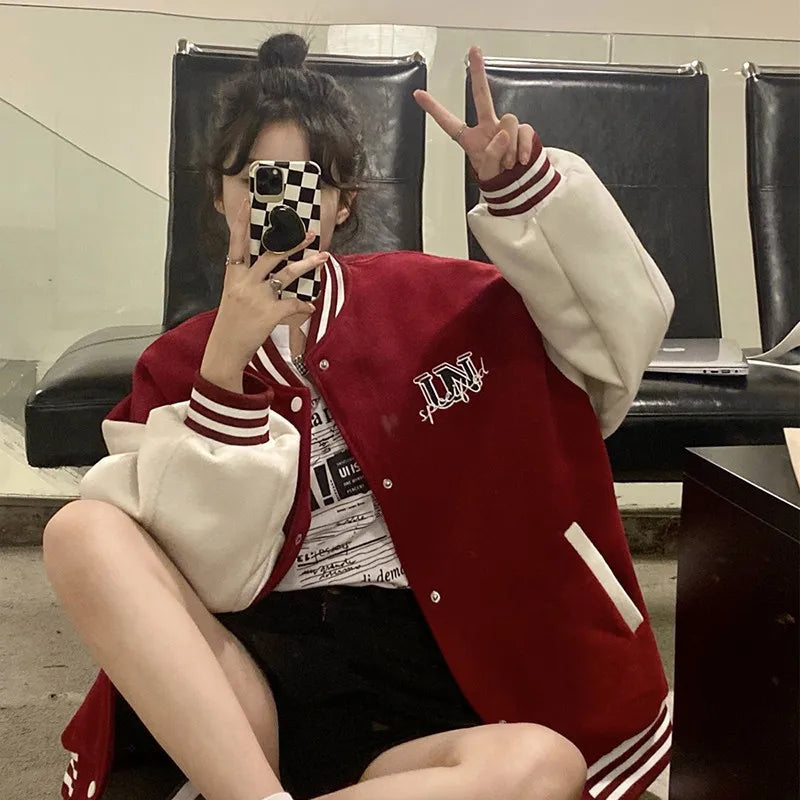 Y2k Varsity Bomber Jacket Red Brown Korean Winter Coat Vintage Baseball Jackets Hip Hop Streetwear Outerwear Tide