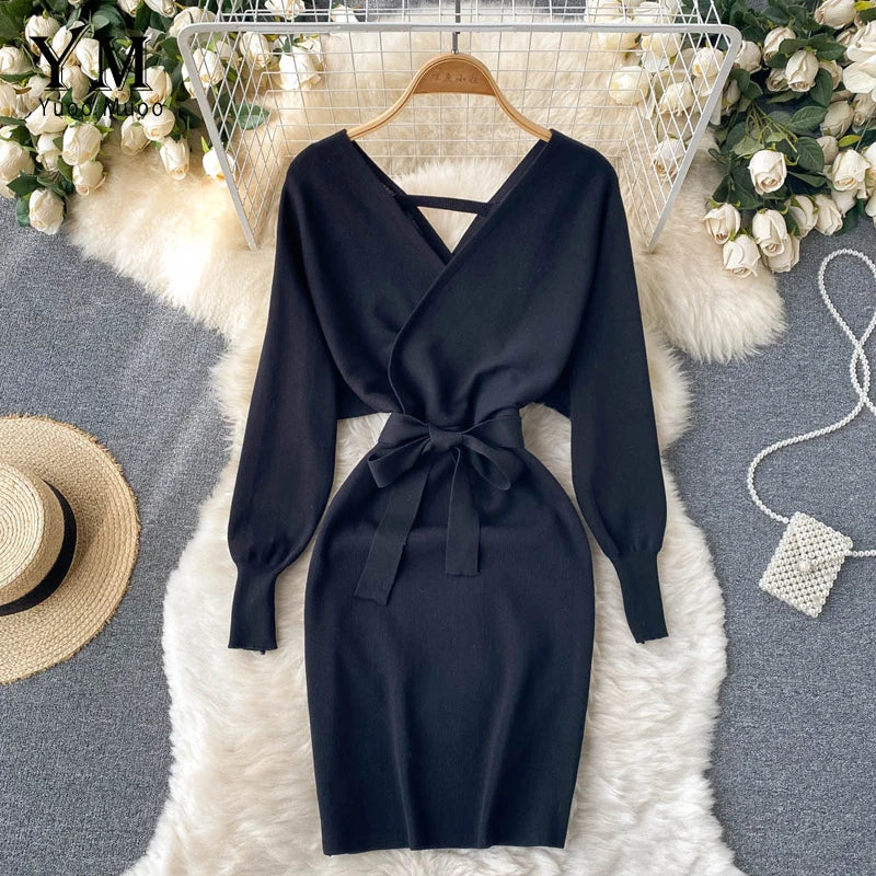 Y2K Casual Vestidos Dress  Winter Bodycon Knitted Sweater Dress Elegant  Office Ladies Dress