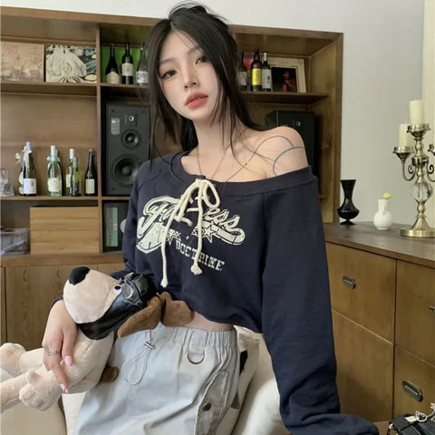 Deeptown Coquette Japanese Y2k Off Shoulder Sweatshirts Kpop Vintage Graphic Hoodies Korean Long Sleeve Beige Crop Outfits