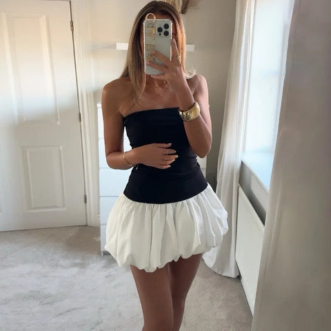 Contrast Color Mini Folds Dress For Strapless Slim Sleeveless Ruched Splice Y2K Beach FeClub Party Dress