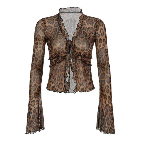Leopard Shirt y2k Clothing Front Tie-up Ruffled Trim Flared Long Sleeve Mesh Blouse Top Grunge Clothes Streetwear