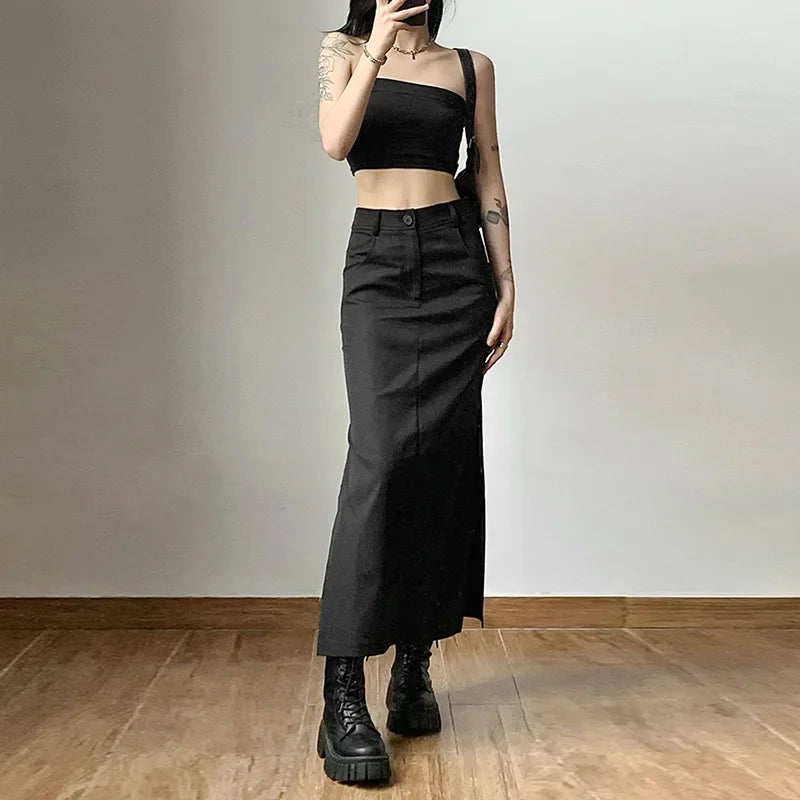 Midi Skirts Goth Dark Grunge Casual Tag Split Mall Gothic Punk High Raise Slim Long Skirt Y2k Streetwear