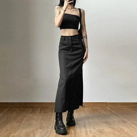 Midi Skirts Goth Dark Grunge Casual Tag Split Mall Gothic Punk High Raise Slim Long Skirt Y2k Streetwear