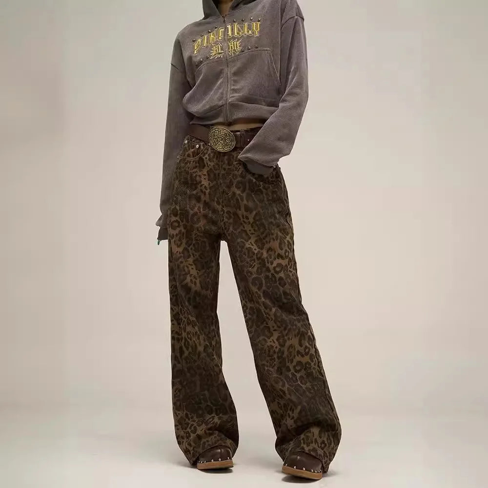 Trend Youth Straight Leopard Print Casual Pants For Y2k American Retro Design Feel Temperament Commuter Cargo Pants