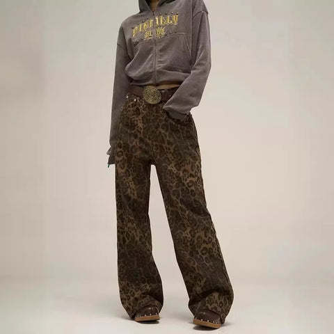 Trend Youth Straight Leopard Print Casual Pants For Y2k American Retro Design Feel Temperament Commuter Cargo Pants