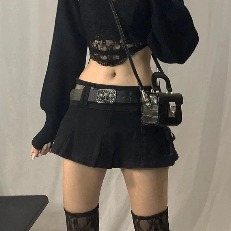 Harajuku Y2k Denim Skirt Dark Gothic Streetwear Mini Skirt with Skull Belt Mall Goth Punk Grunge Emo Clubwear