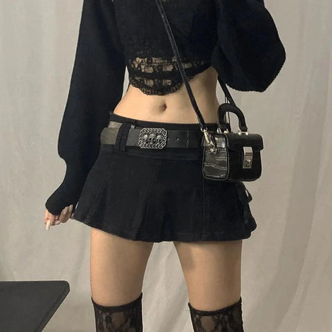 Harajuku Y2k Denim Skirt Dark Gothic Streetwear Mini Skirt with Skull Belt Mall Goth Punk Grunge Emo Clubwear