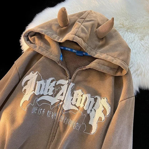 Y2K Letter Embroidered Hoodie Winter Vintage Zip Up Oversized Sweatshirt Harajuku Long Sleeve Hooded Jacket Clothes