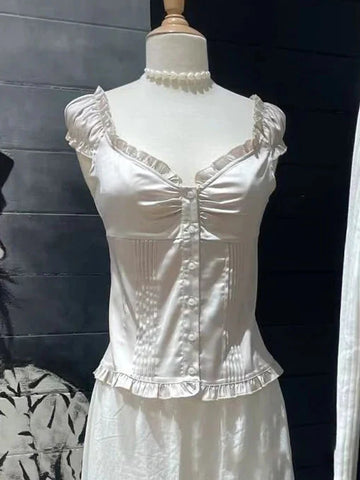 Ruffles White Basic Blouse Top for Woman Folds Single Breasted Sleeveless Tank Tops Casual Cotton Vest Y2k Sweet Camisole