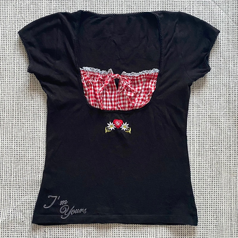 Voguable  Vintage Kawaii Bow Embroidery Mini Dress Patchwork Square Collar Short Sleeve Black Dress Retro Y2K Aesthetic Fairy Clothes